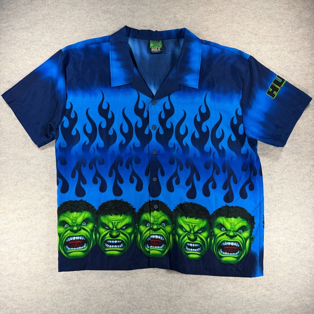 Marvel The Incredible Hulk Camp Shirt Men Size XL Blue Button Up AOP 2002